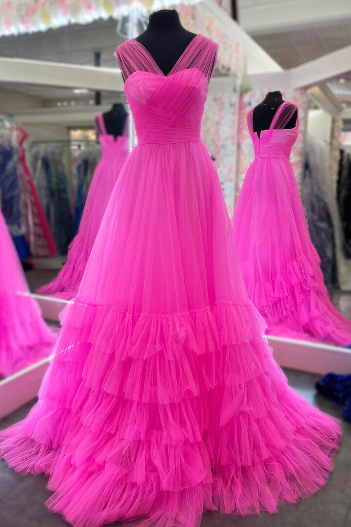 A Line Cross Tulle Tiered Long Prom Dress