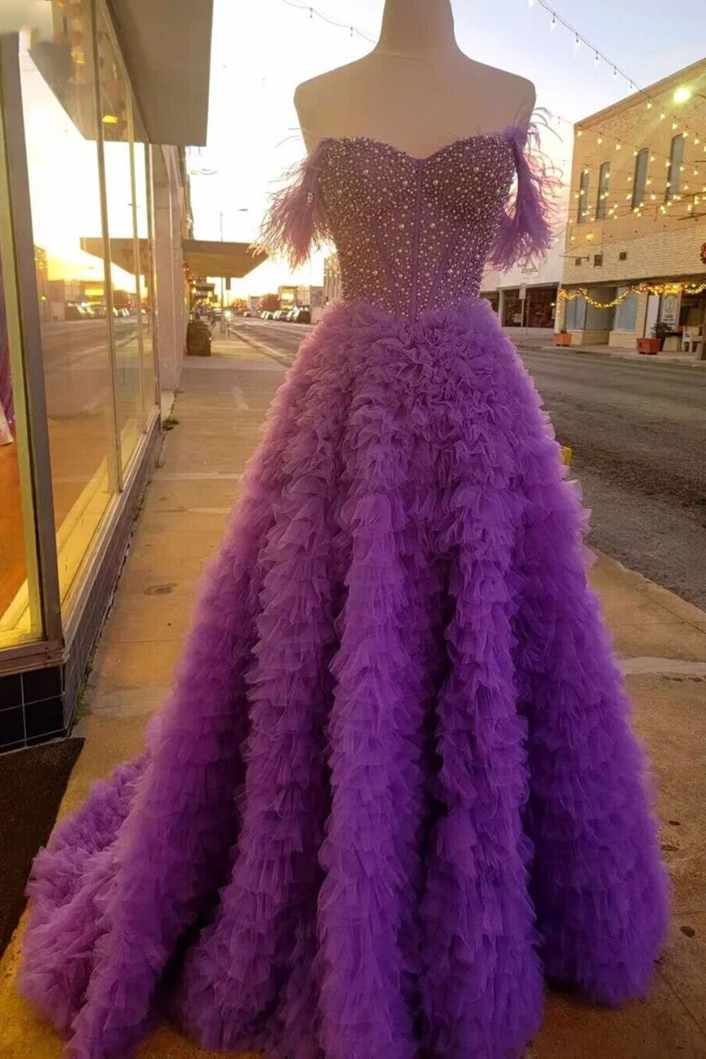 A Line Custom-Made Long Off the Shoulder Sweetheart Tiered Prom Dresses with Split