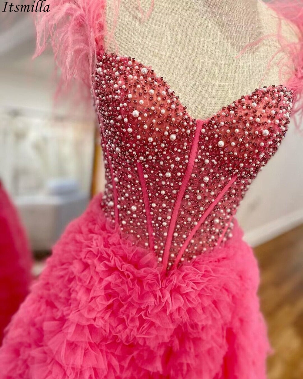 A Line Custom-Made Long Off the Shoulder Sweetheart Tiered Prom Dresses with Split