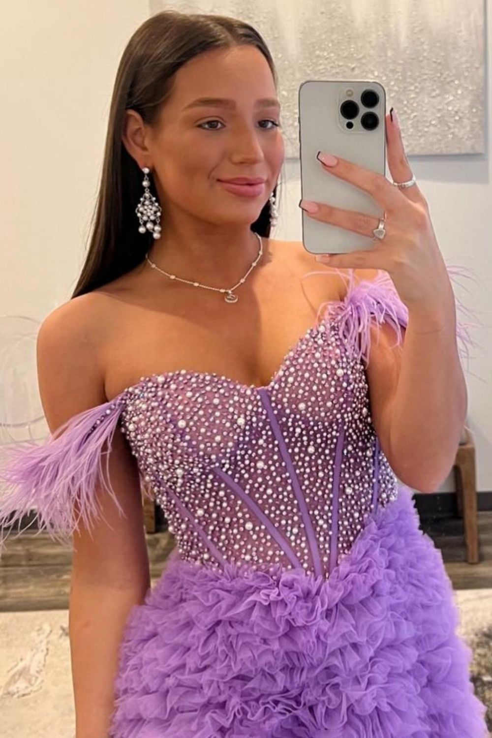 A Line Custom-Made Long Off the Shoulder Sweetheart Tiered Prom Dresses with Split