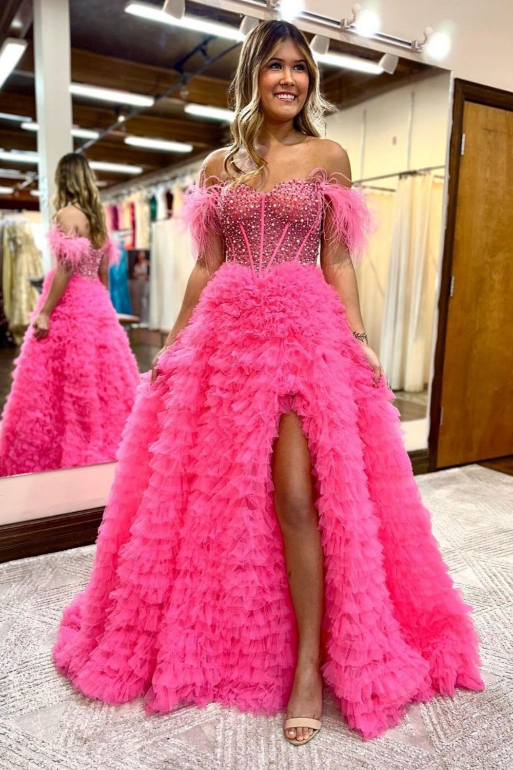 A Line Custom-Made Long Off the Shoulder Sweetheart Tiered Prom Dresses with Split