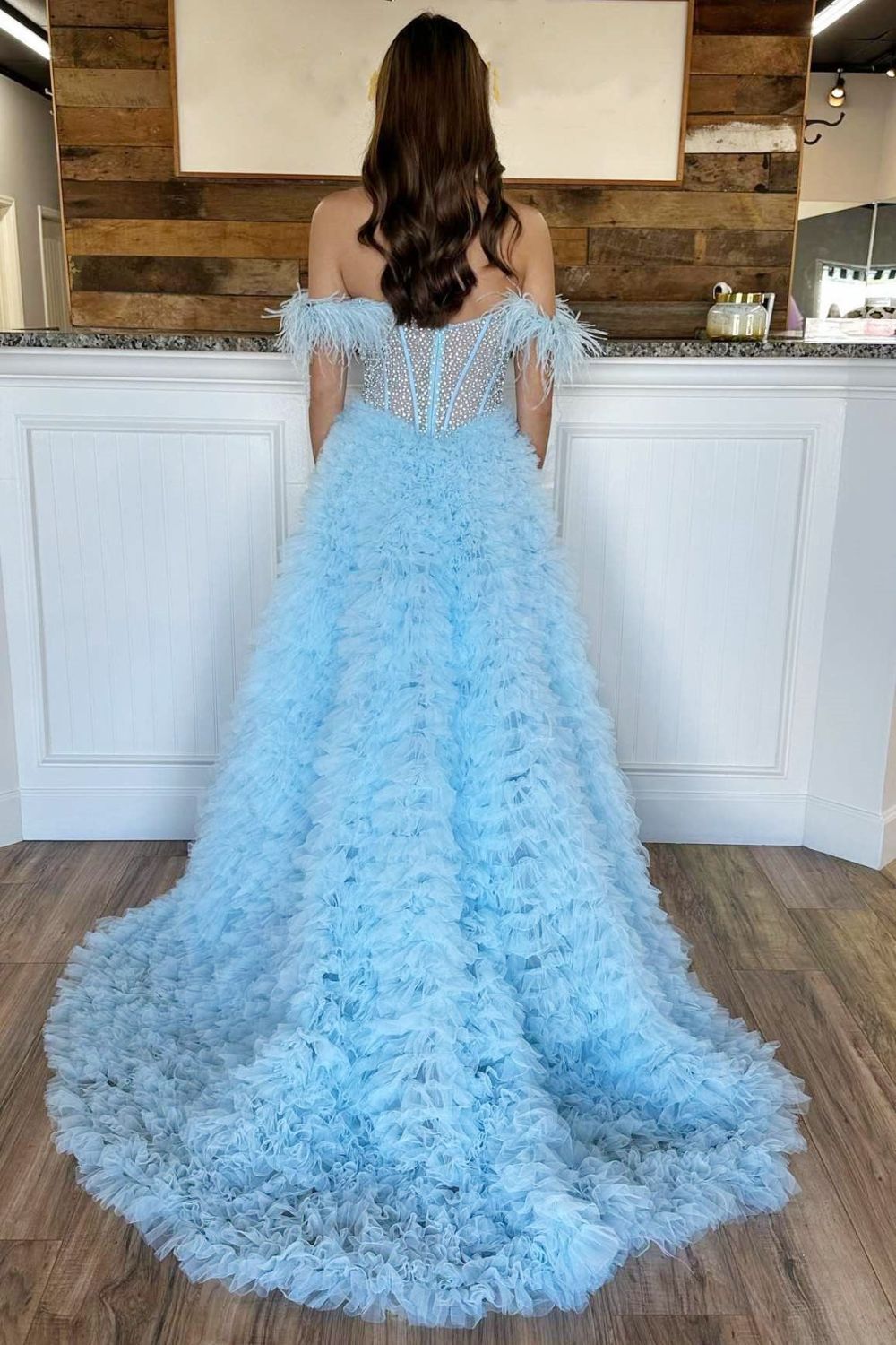 A Line Custom-Made Long Off the Shoulder Sweetheart Tiered Prom Dresses with Split