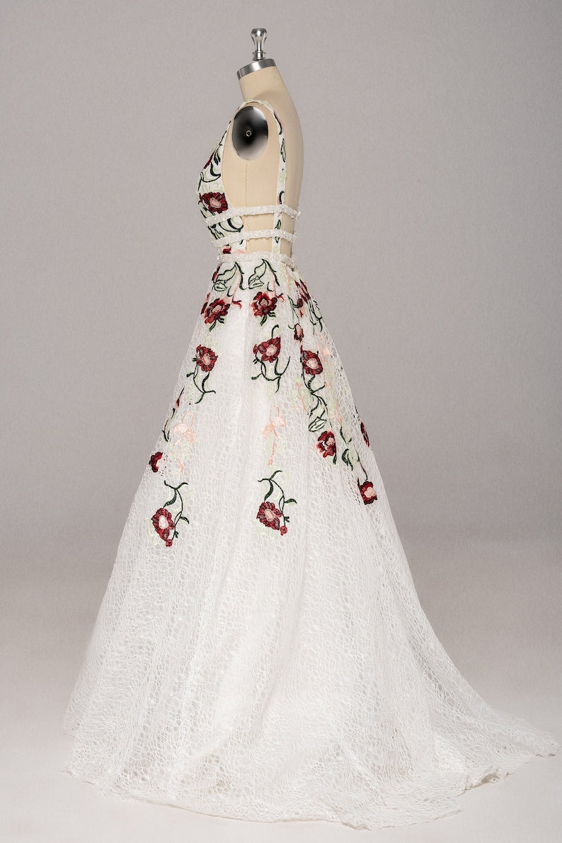 A Line Elegant V Neck Lace Prom Dresses Backless With Floral