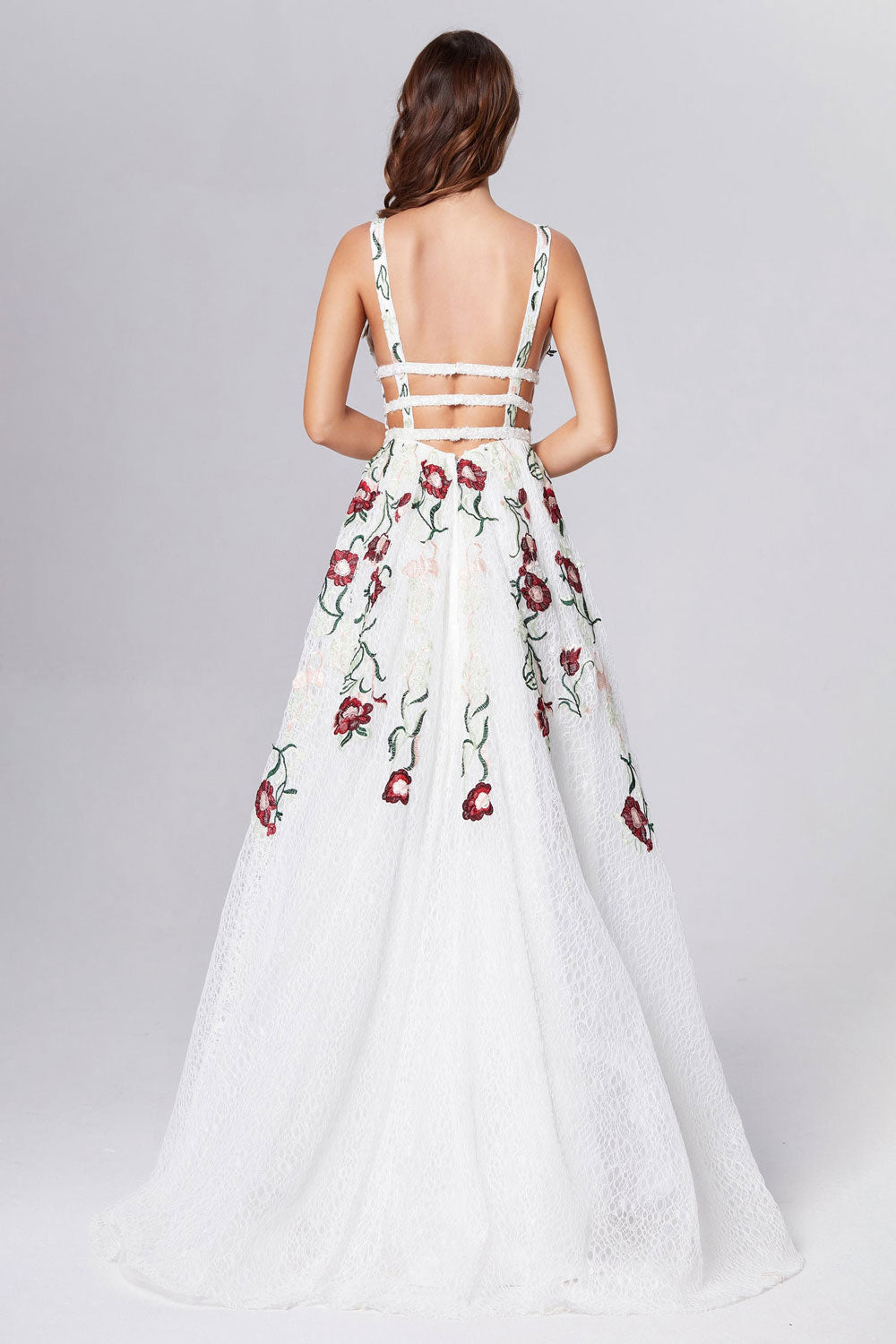 A Line Elegant V Neck Lace Prom Dresses Backless With Floral