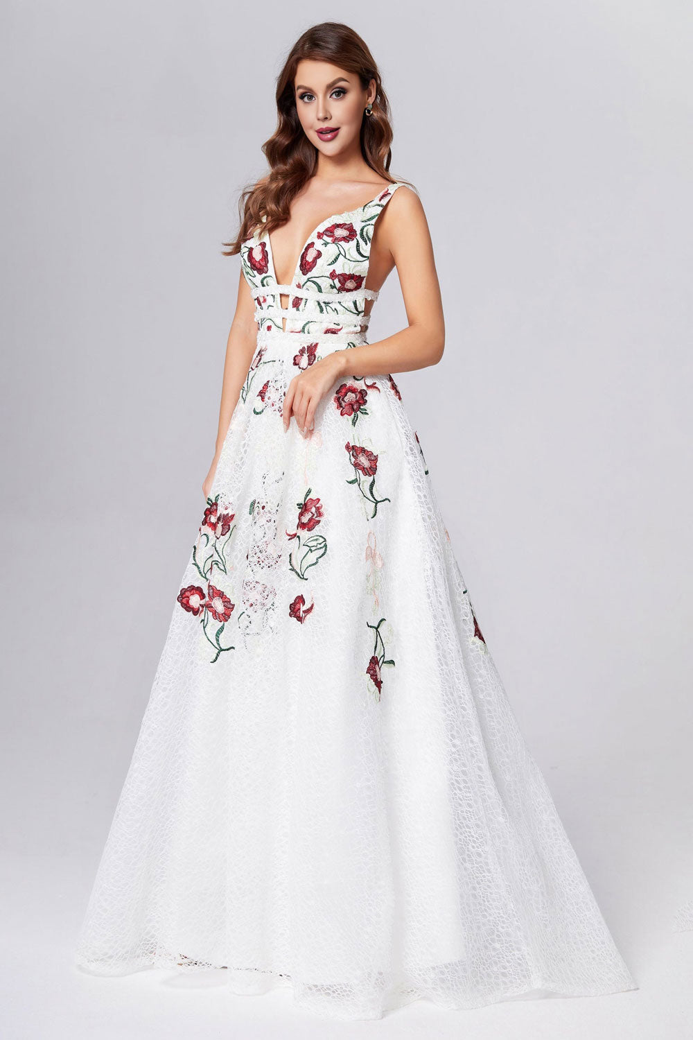 A Line Elegant V Neck Lace Prom Dresses Backless With Floral