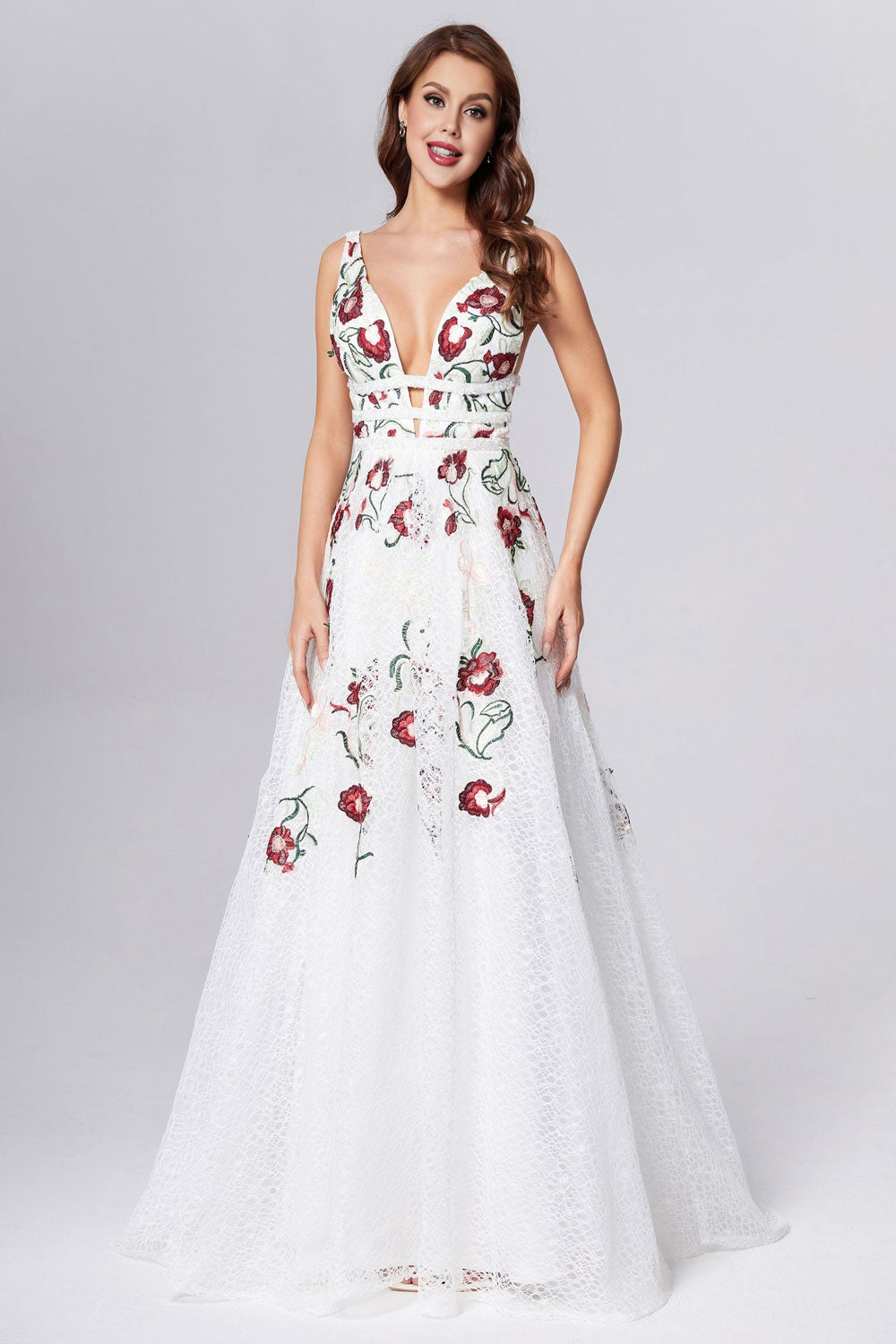 A Line Elegant V Neck Lace Prom Dresses Backless With Floral