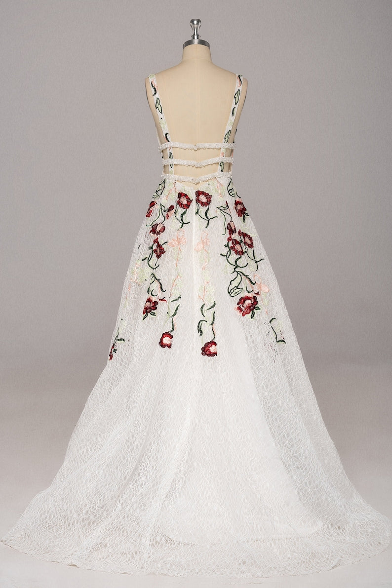 A Line Elegant V Neck Lace Prom Dresses Backless With Floral