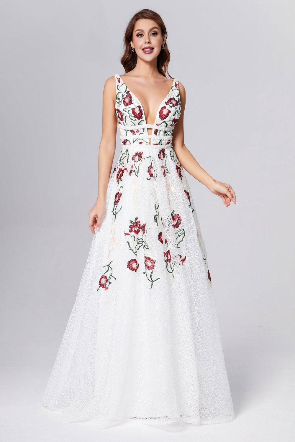 A Line Elegant V Neck Lace Prom Dresses Backless With Floral