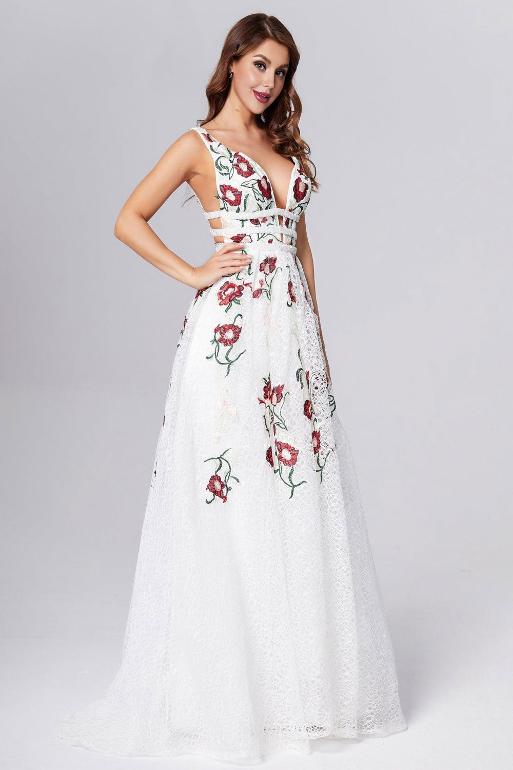 A Line Elegant V Neck Lace Prom Dresses Backless With Floral