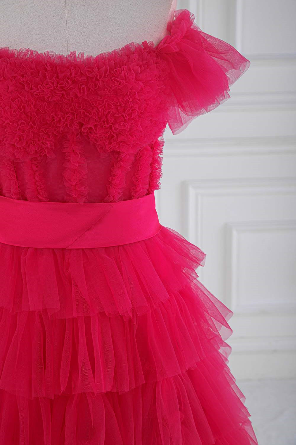 A Line Off the Shoulder Ruffle Tiered Tulle Prom Dress with Slit
