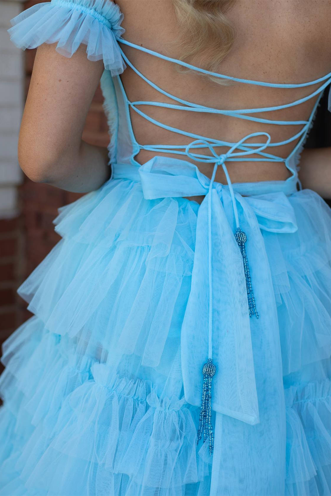 A Line Off the Shoulder Ruffle Tiered Tulle Prom Dress with Slit