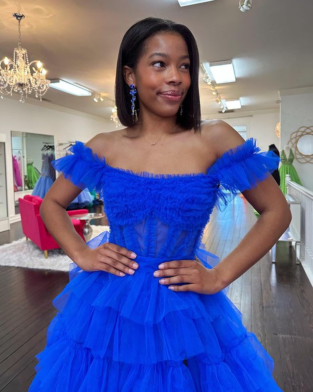 A Line Off the Shoulder Ruffle Tiered Tulle Prom Dress with Slit