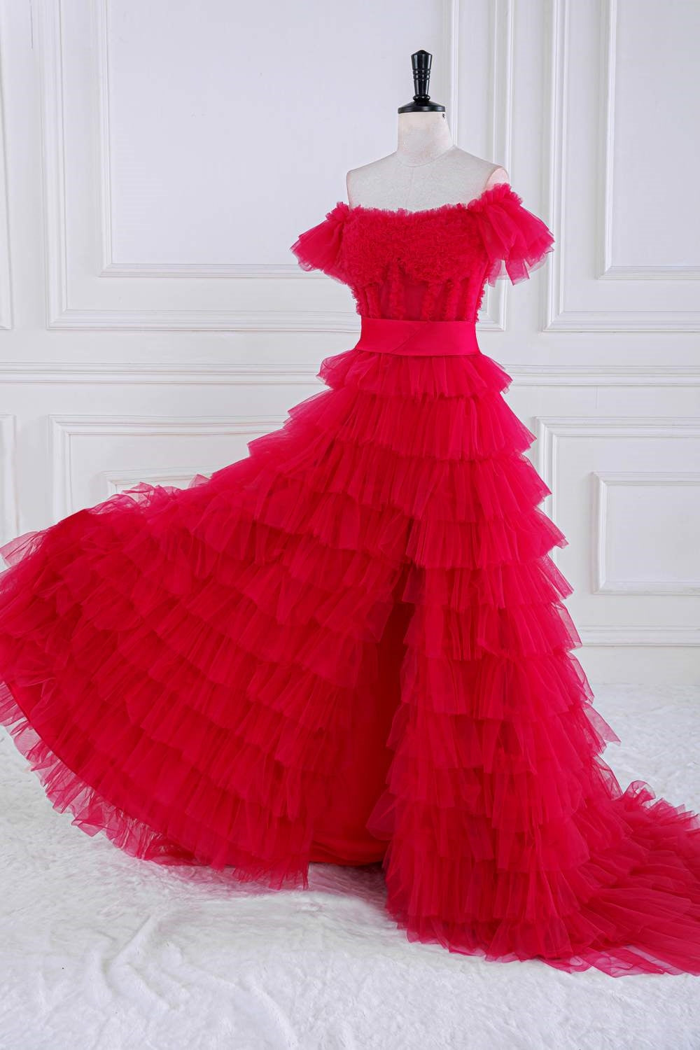 A Line Off the Shoulder Ruffle Tiered Tulle Prom Dress with Slit