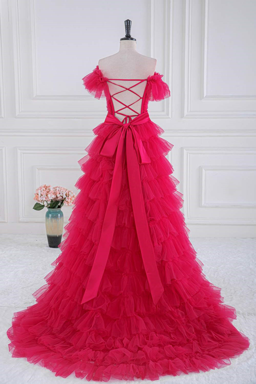 A Line Off the Shoulder Ruffle Tiered Tulle Prom Dress with Slit