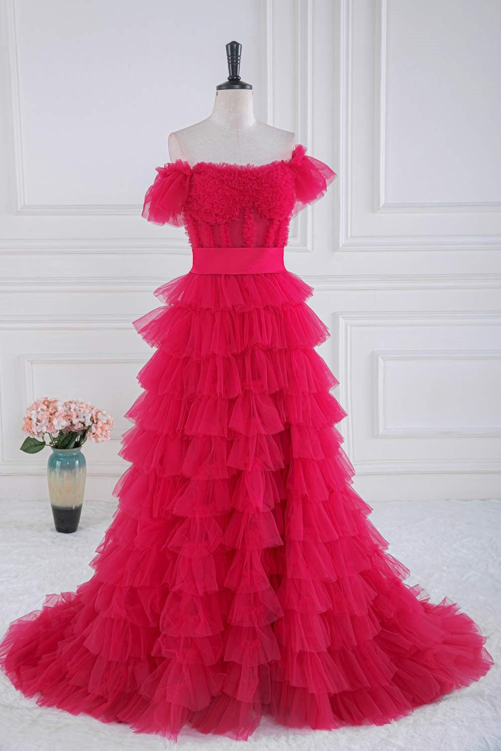 A Line Off the Shoulder Ruffle Tiered Tulle Prom Dress with Slit