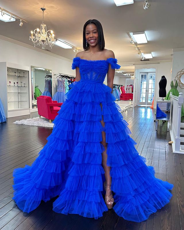 A Line Off the Shoulder Ruffle Tiered Tulle Prom Dress with Slit