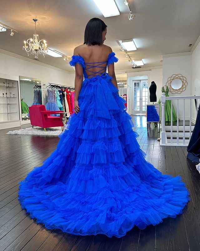A Line Off the Shoulder Ruffle Tiered Tulle Prom Dress with Slit