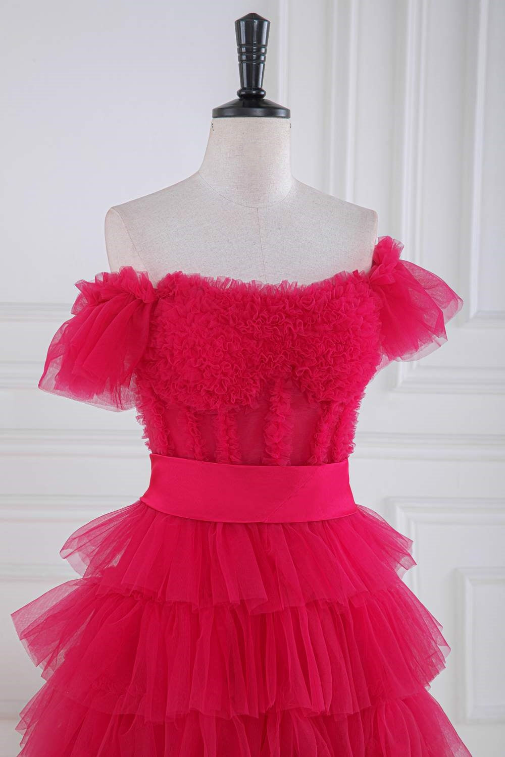 A Line Off the Shoulder Ruffle Tiered Tulle Prom Dress with Slit