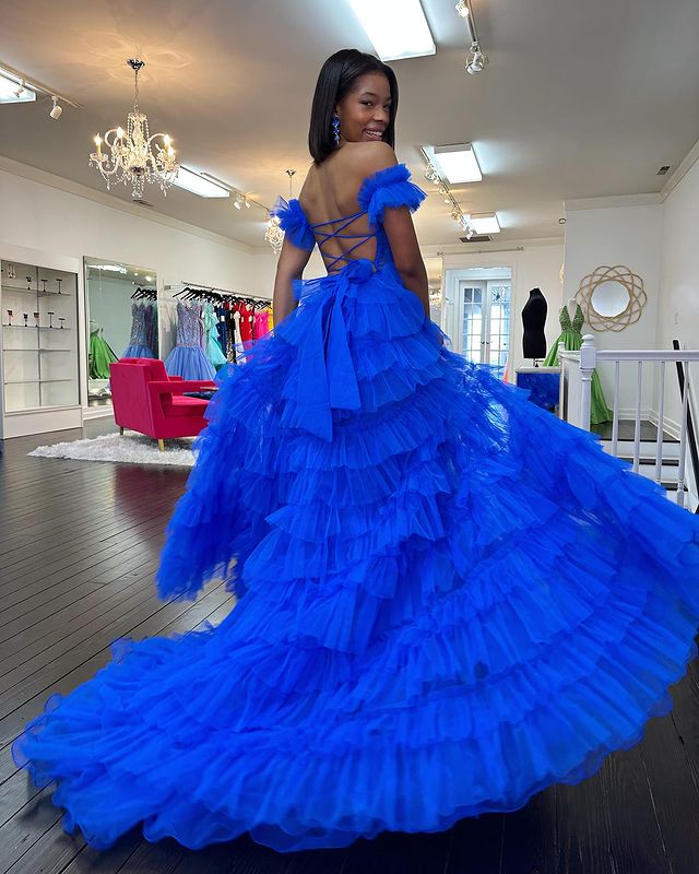 A Line Off the Shoulder Ruffle Tiered Tulle Prom Dress with Slit