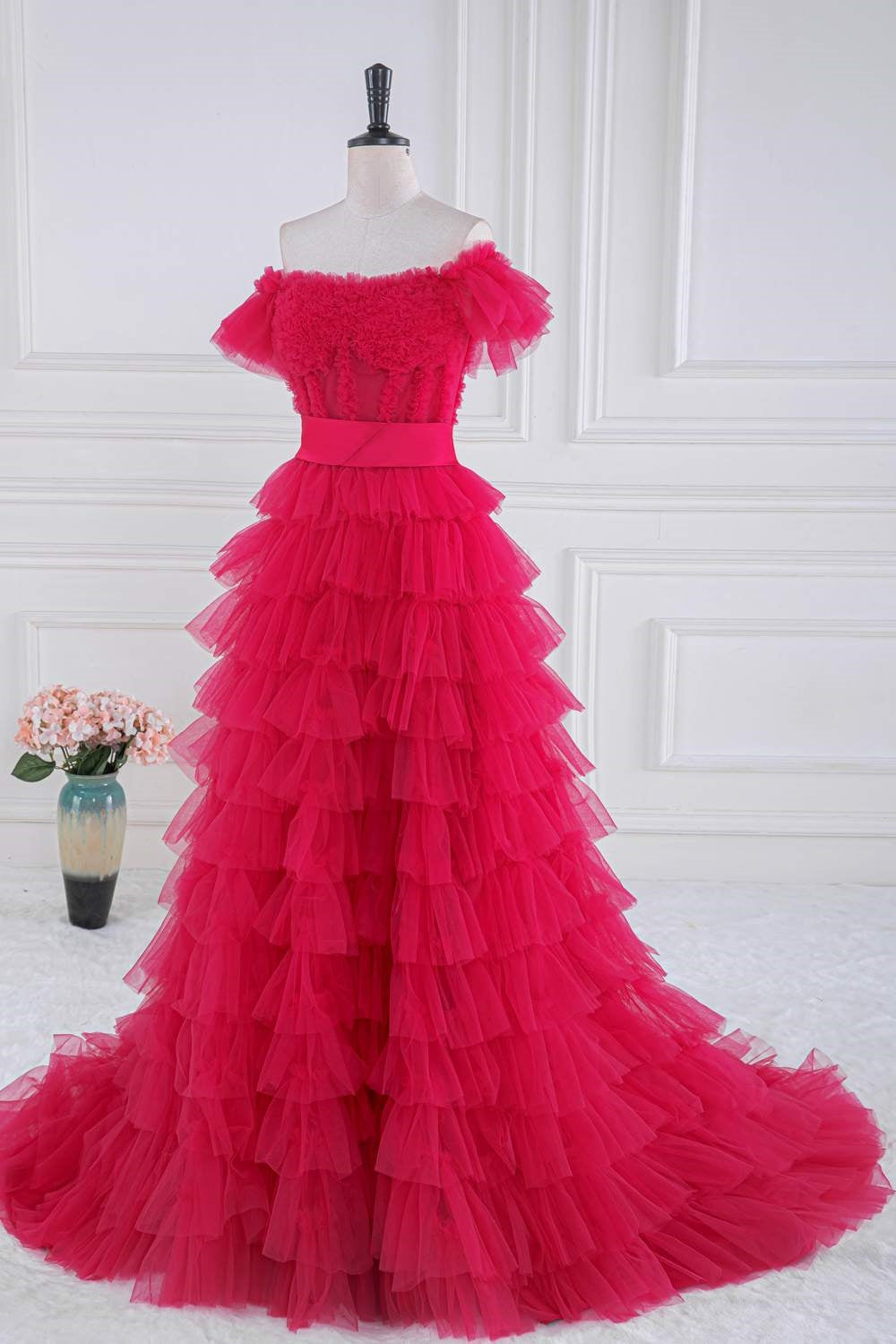 A Line Off the Shoulder Ruffle Tiered Tulle Prom Dress with Slit