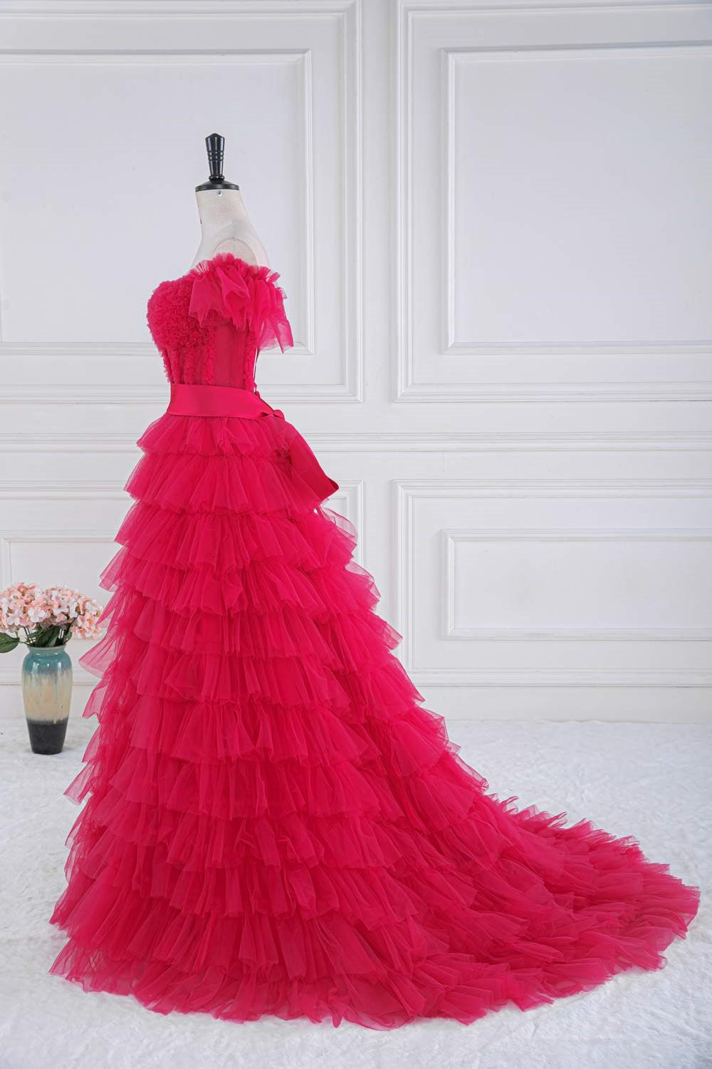 A Line Off the Shoulder Ruffle Tiered Tulle Prom Dress with Slit