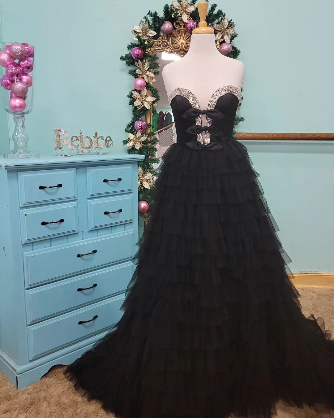 A Line Strapless Bow Ruffle Tiered Long Prom Dress with Slit