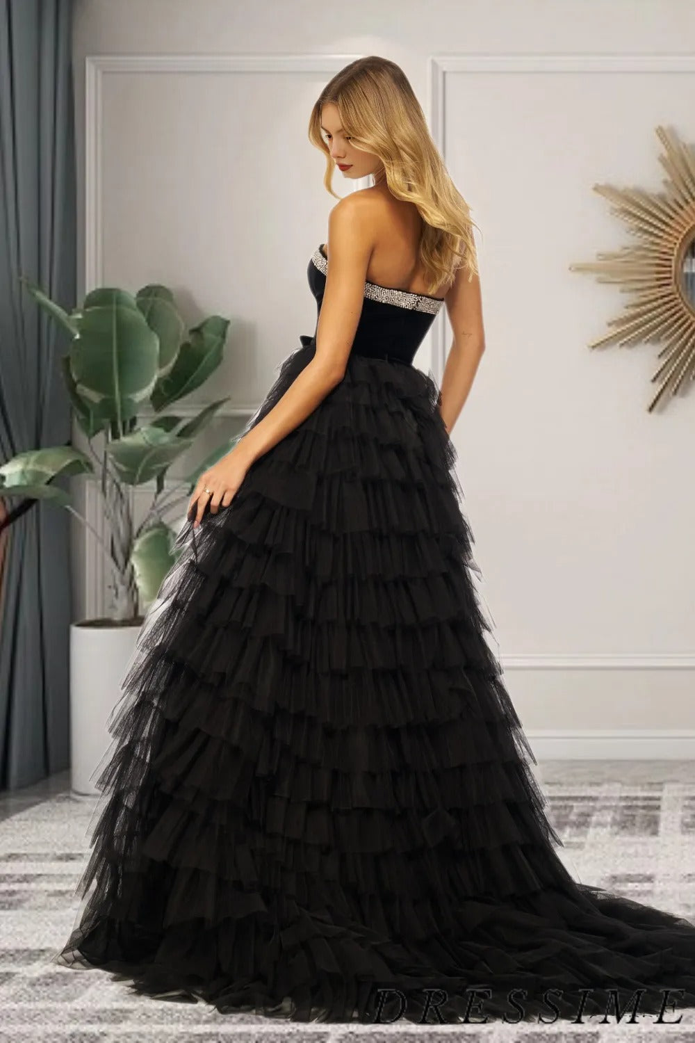 A Line Strapless Bow Ruffle Tiered Long Prom Dress with Slit