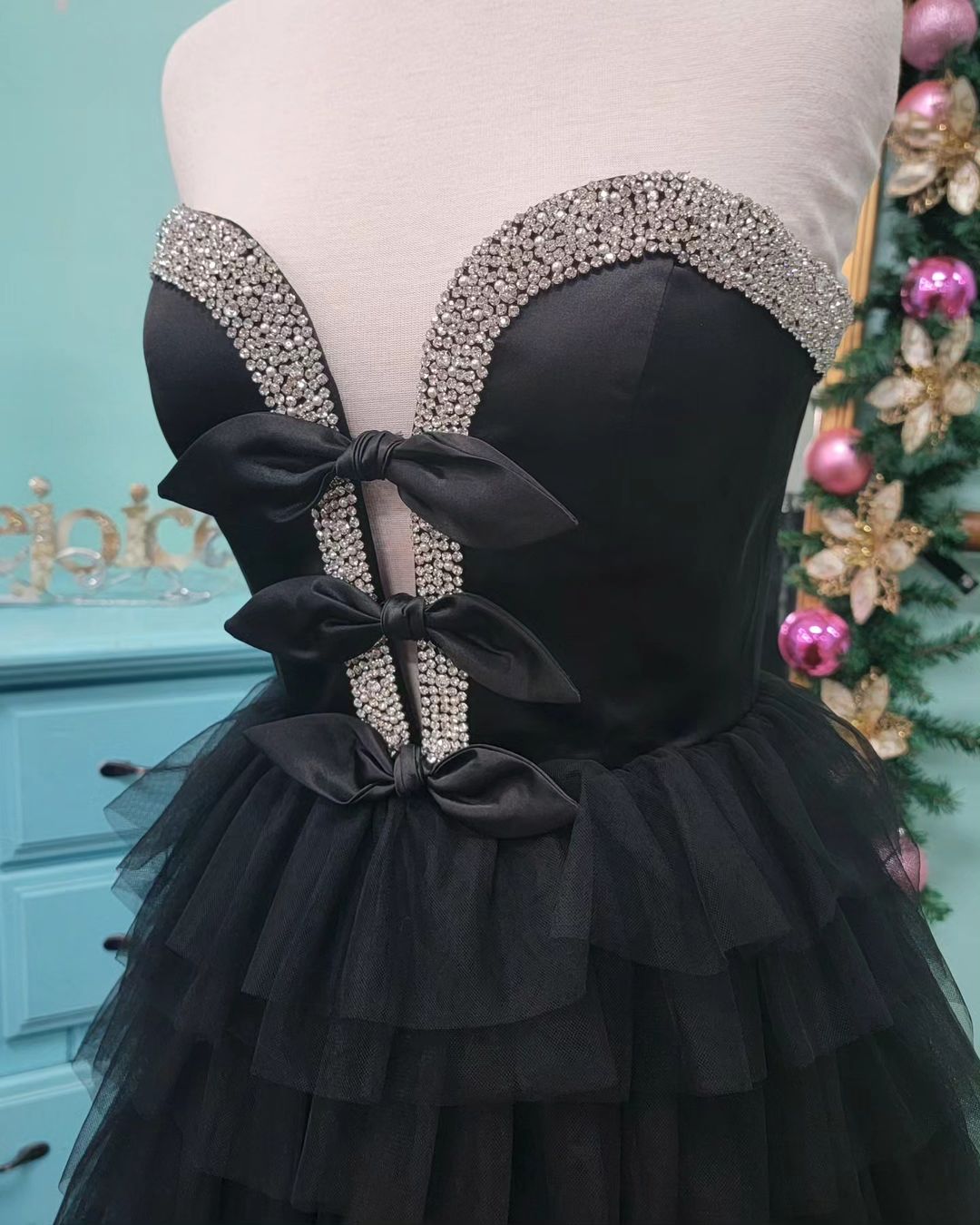 A Line Strapless Bow Ruffle Tiered Long Prom Dress with Slit