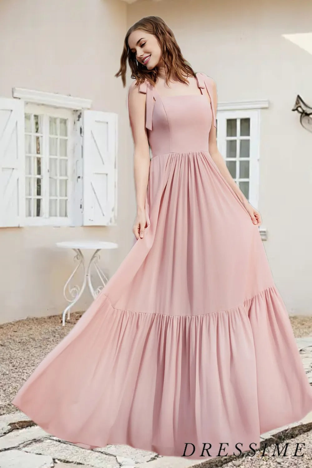 Casual A Line Straps Chiffon Ruffled Long Bridesmaid Dress With Slit