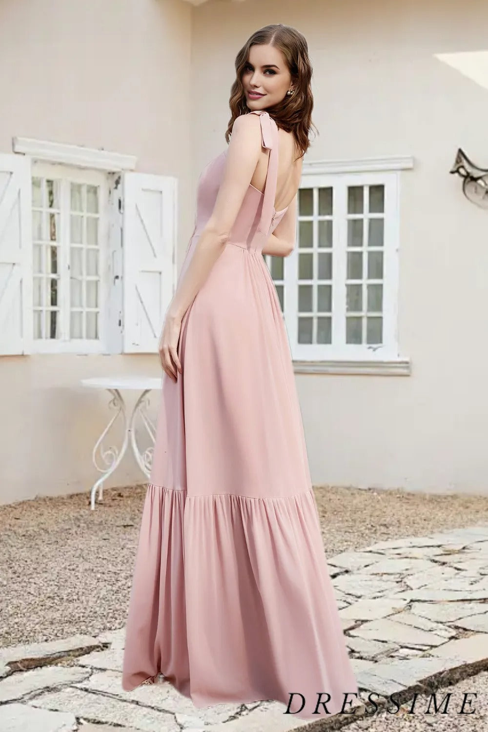 Casual A Line Straps Chiffon Ruffled Long Bridesmaid Dress With Slit