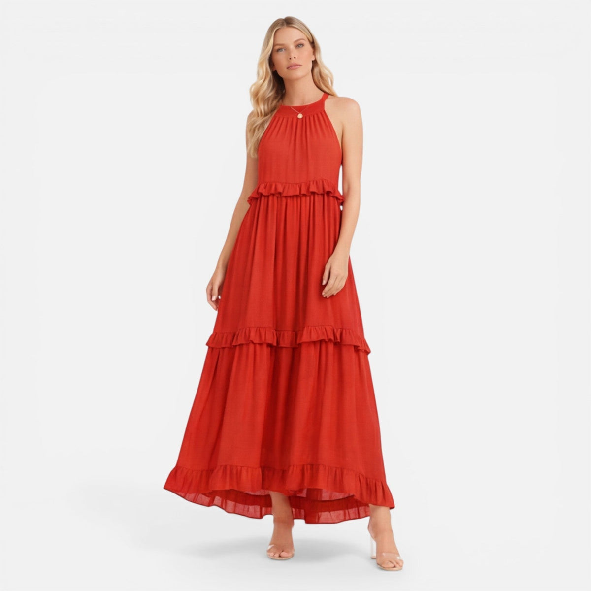 Halter Neck Tiered Ruffle Maxi Dress