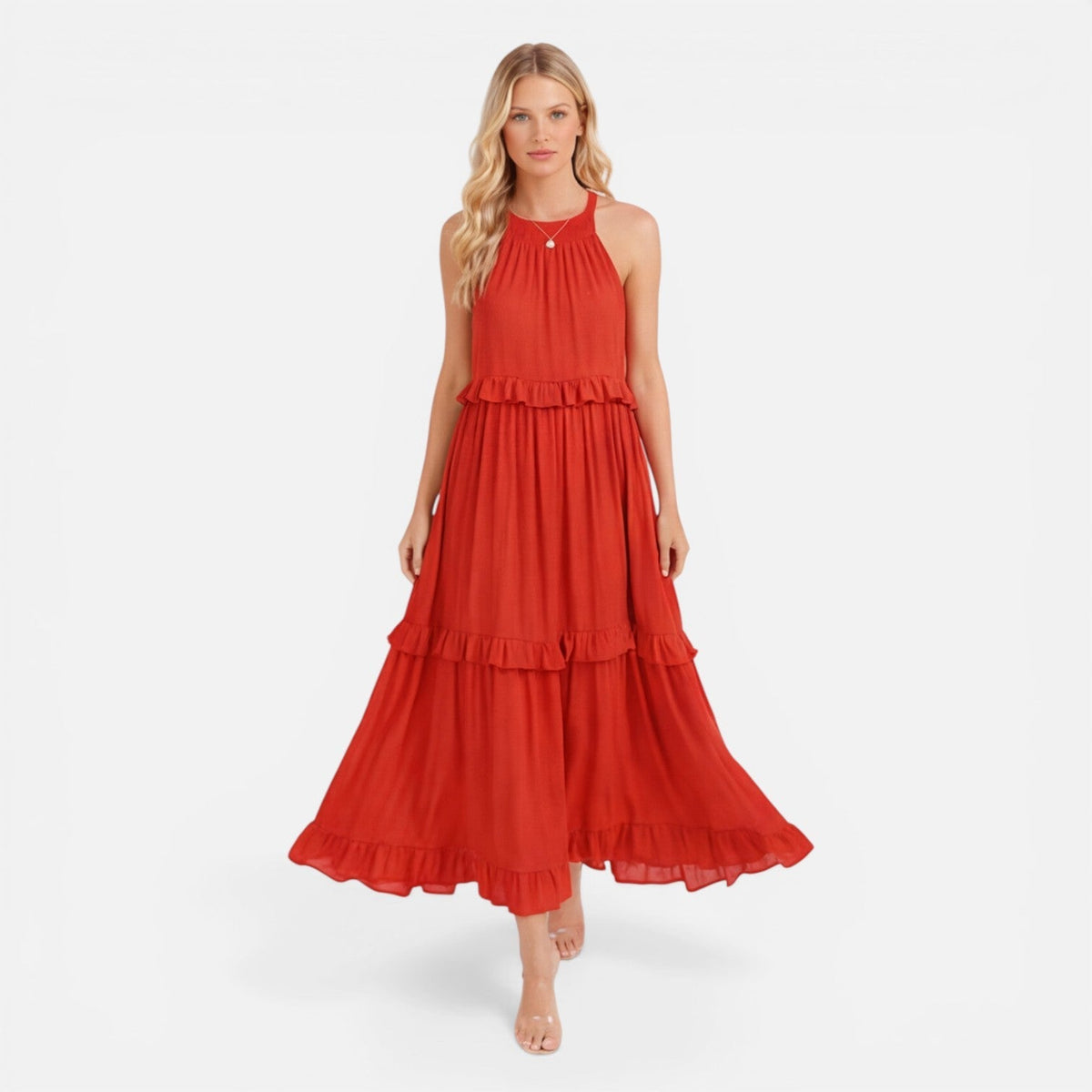 Halter Neck Tiered Ruffle Maxi Dress
