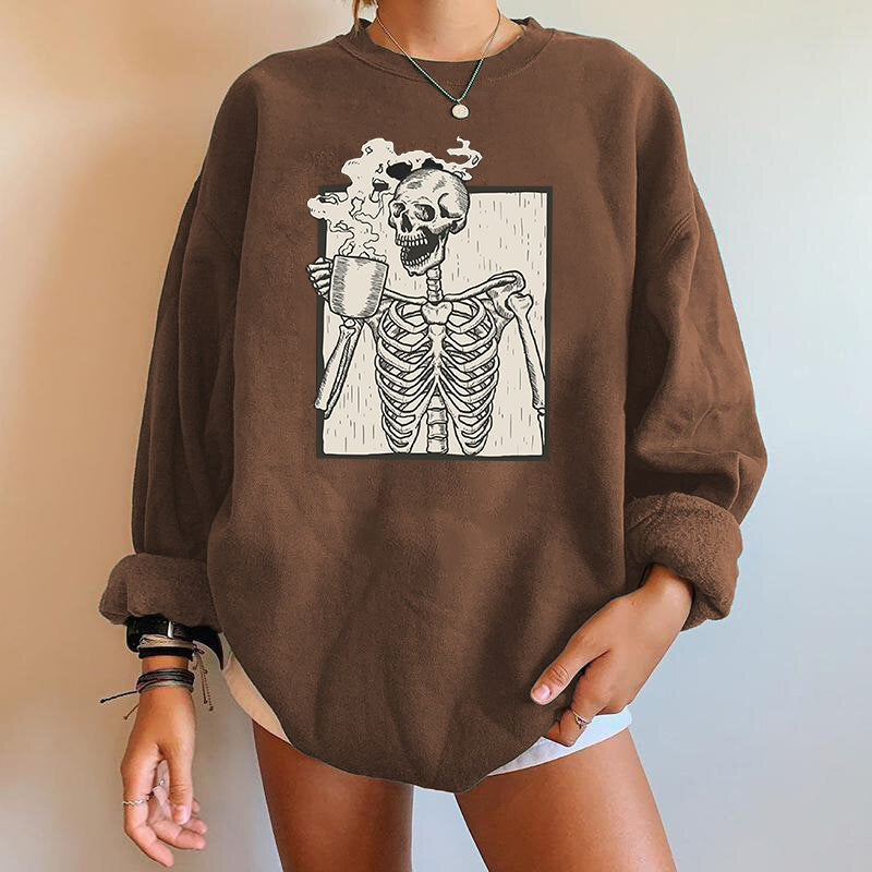 Crew Neck Long Sleeve Skeleton Coffee Graphic Oversized Sweatshirt 2
