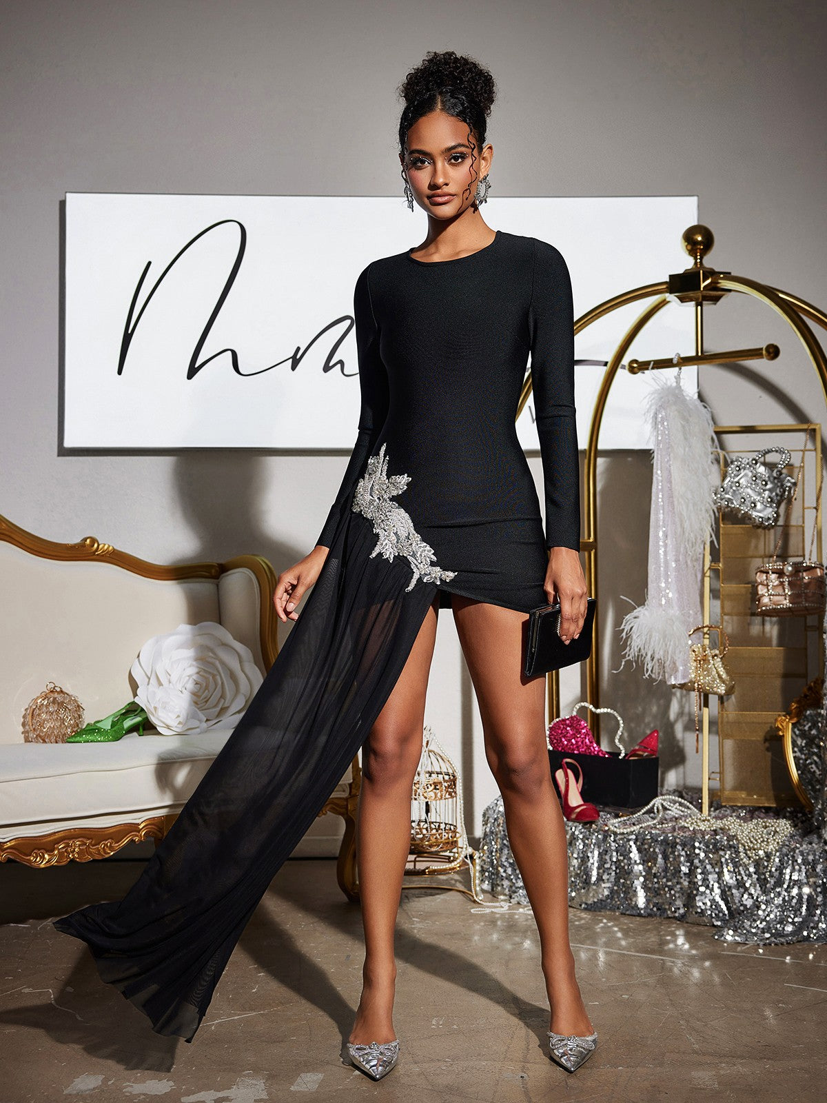 Long Sleeve Round Neck Bandage Rhinestone Floral Mesh Train Mini Dress