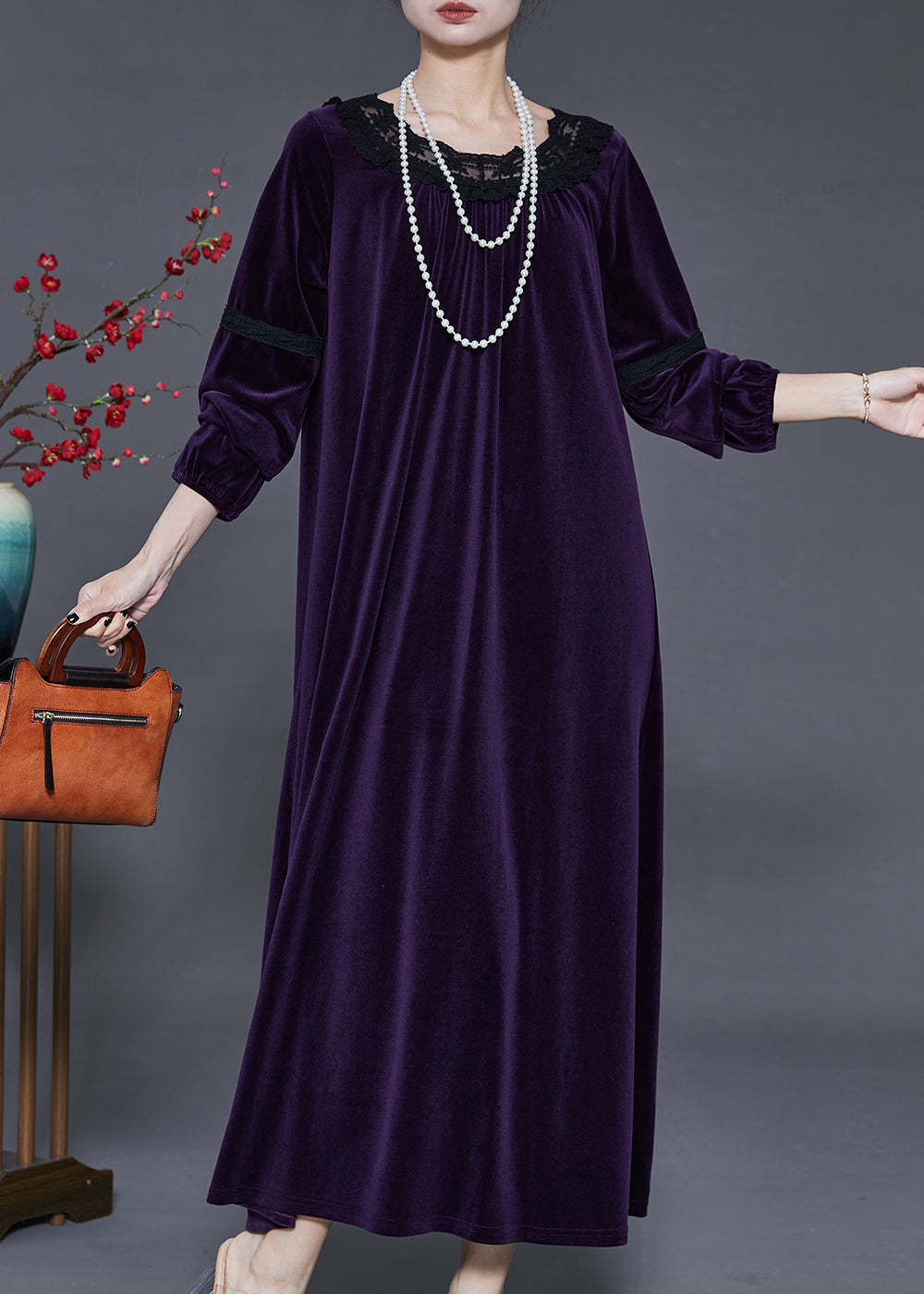 Velvet Lace Trim Round Neck Long Sleeve Lace Inset Gathered Cuff Maxi Dress
