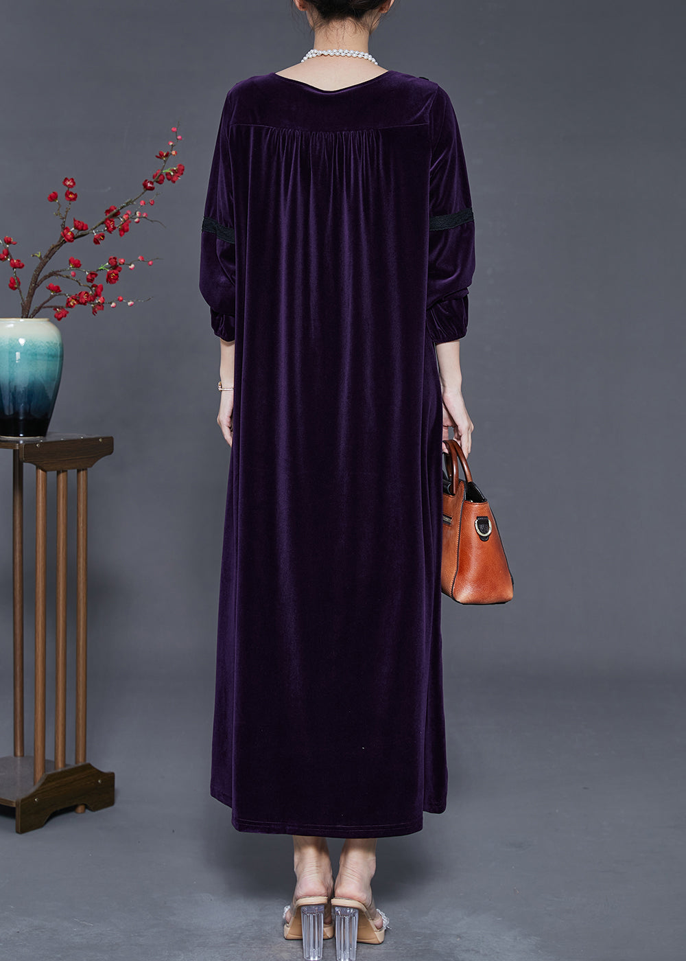 Velvet Lace Trim Round Neck Long Sleeve Lace Inset Gathered Cuff Maxi Dress