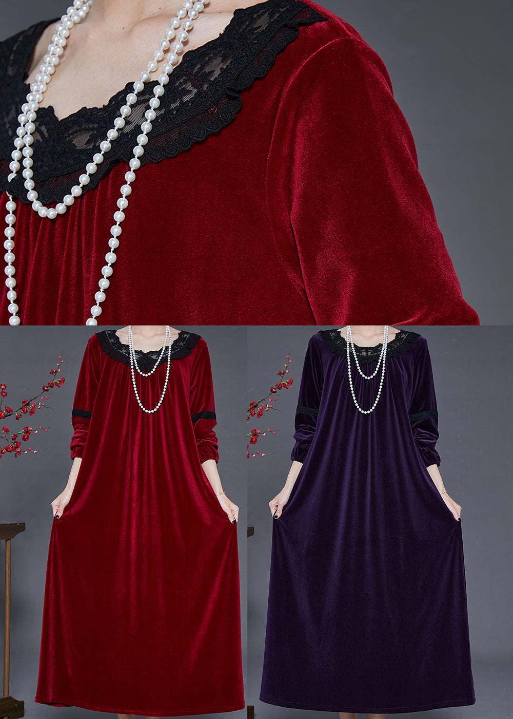 Velvet Lace Trim Round Neck Long Sleeve Lace Inset Gathered Cuff Maxi Dress