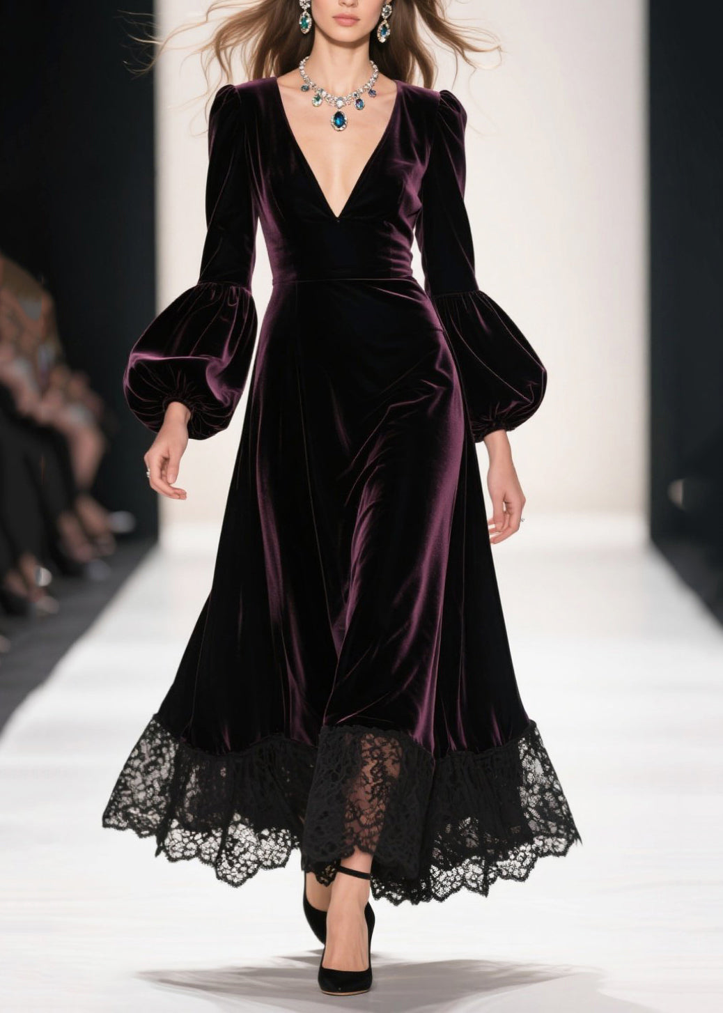 Velvet Deep V-Neck Lantern Sleeve Lace Hem A-Line Maxi Dress 3