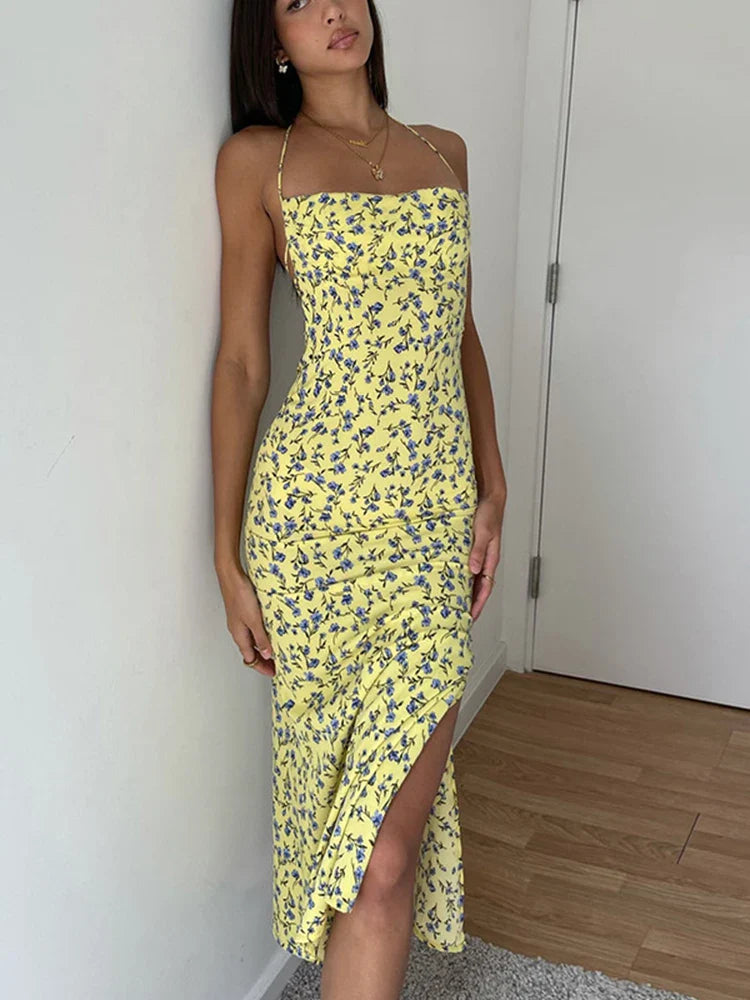 Dulzura Lace Up Halter Floral Long Bodycon Club Streetwear Sun Midi Dresses