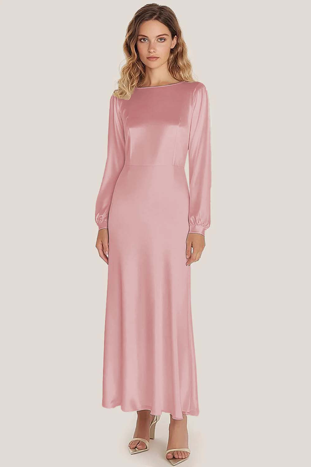 Ivory Satin Scoop Neck A-Line Ankle Length Formal Dress with Long Sleeves