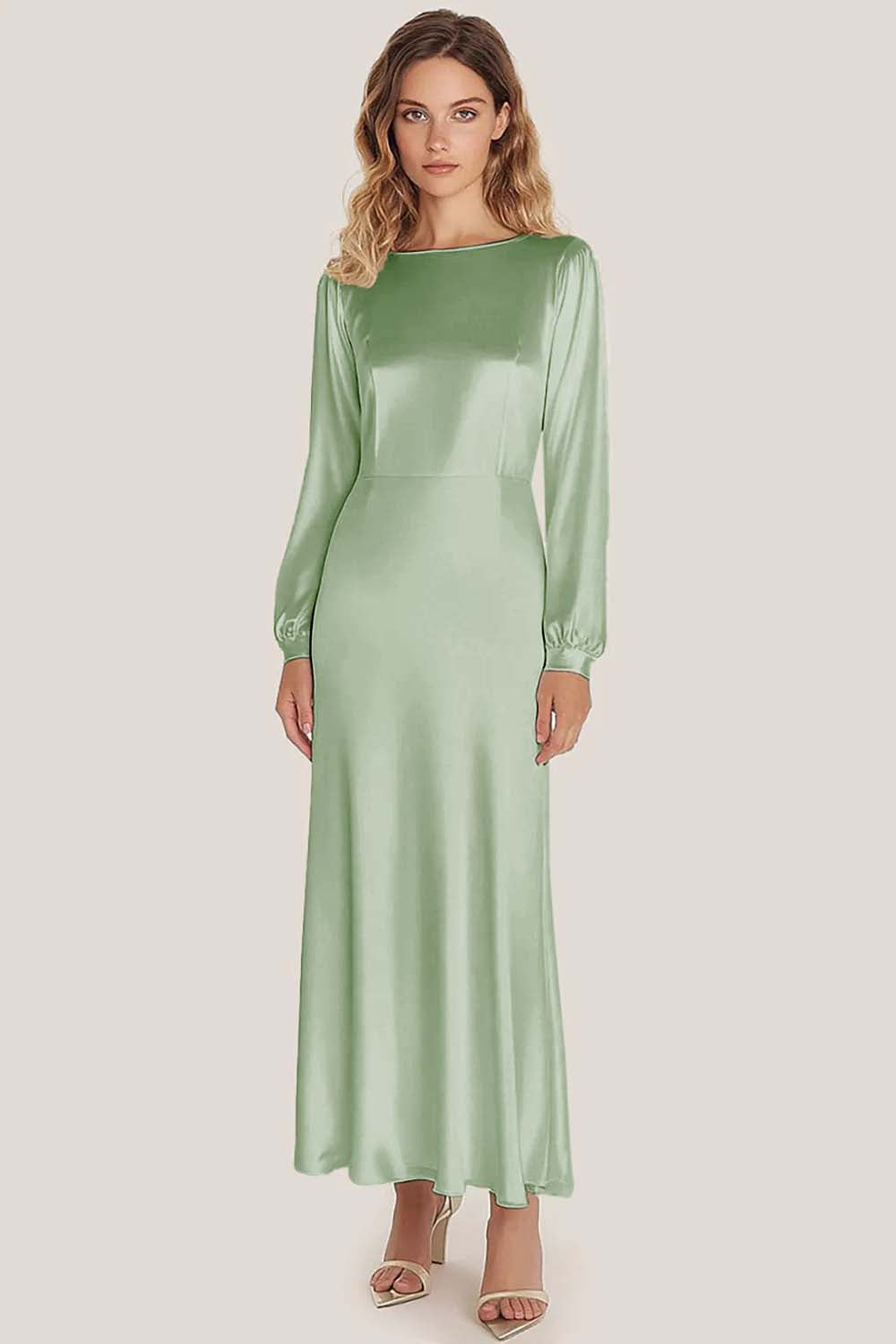 Ivory Satin Scoop Neck A-Line Ankle Length Formal Dress with Long Sleeves