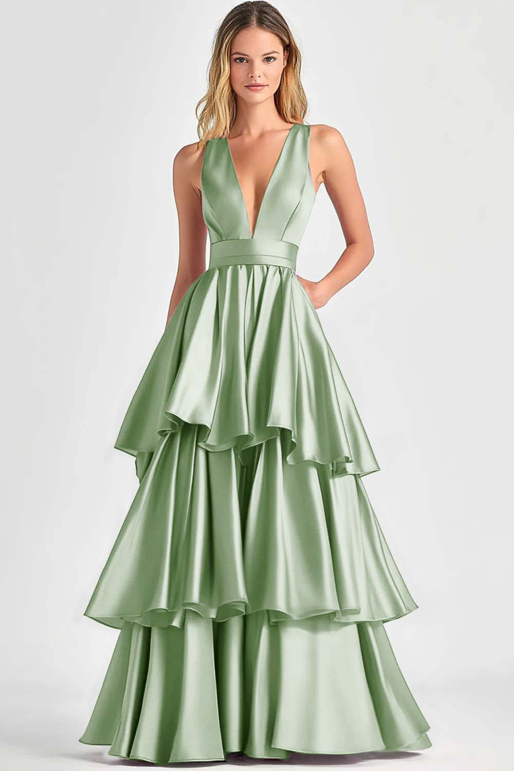 Fuchsia A-Line V Neck Ruffles Long Prom Dress