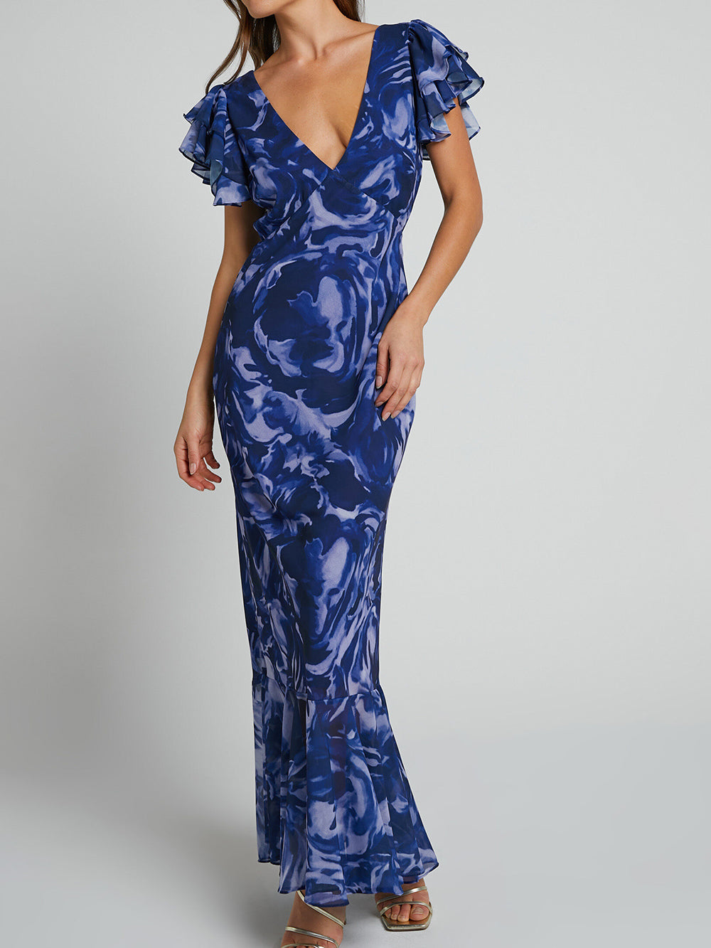 Blue Swirl V Neck Flutter Sleeve Maxi Dress