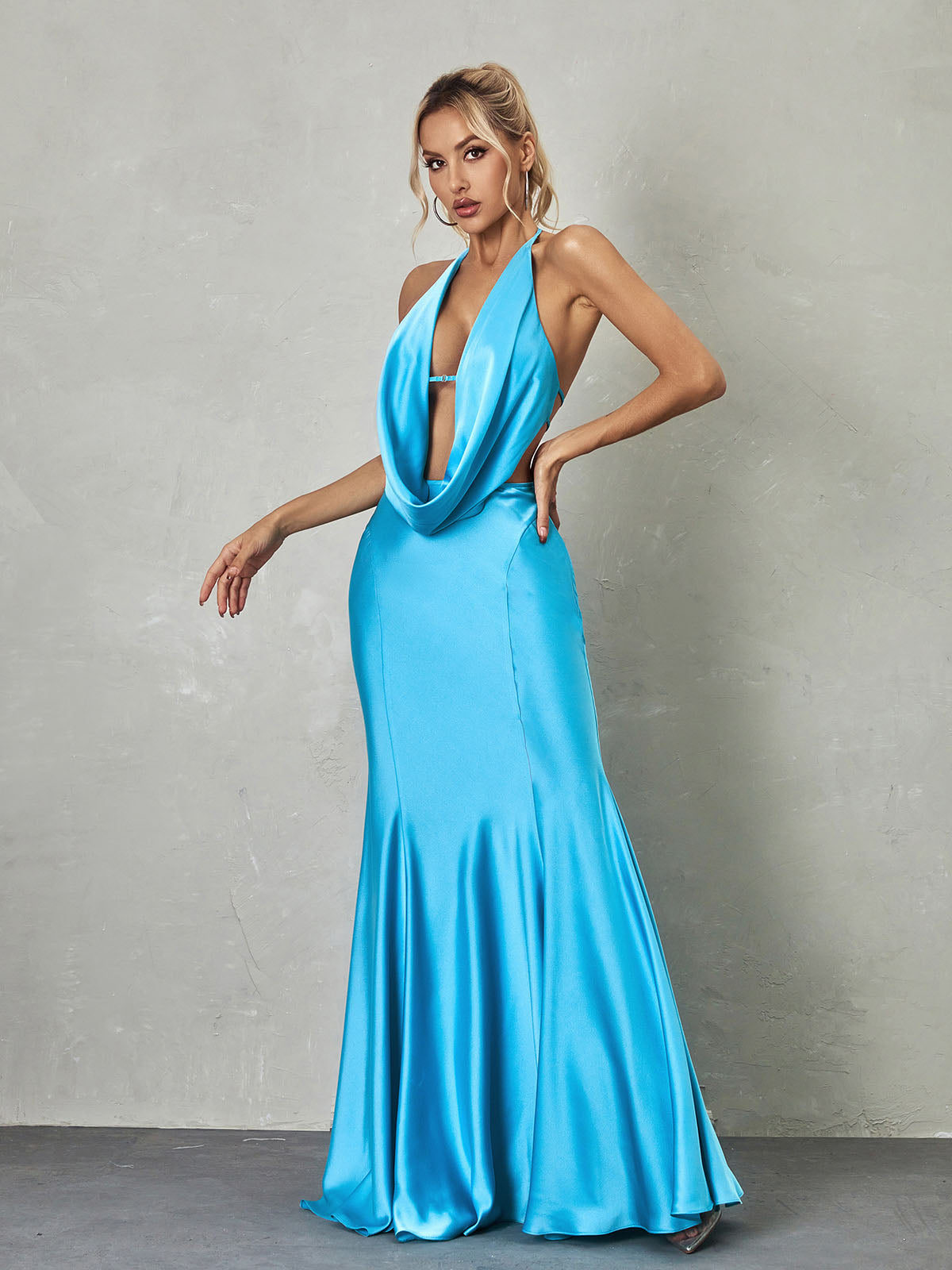 Satin Halter Neck Draped Cowl Plunge Backless Mermaid Maxi Gown