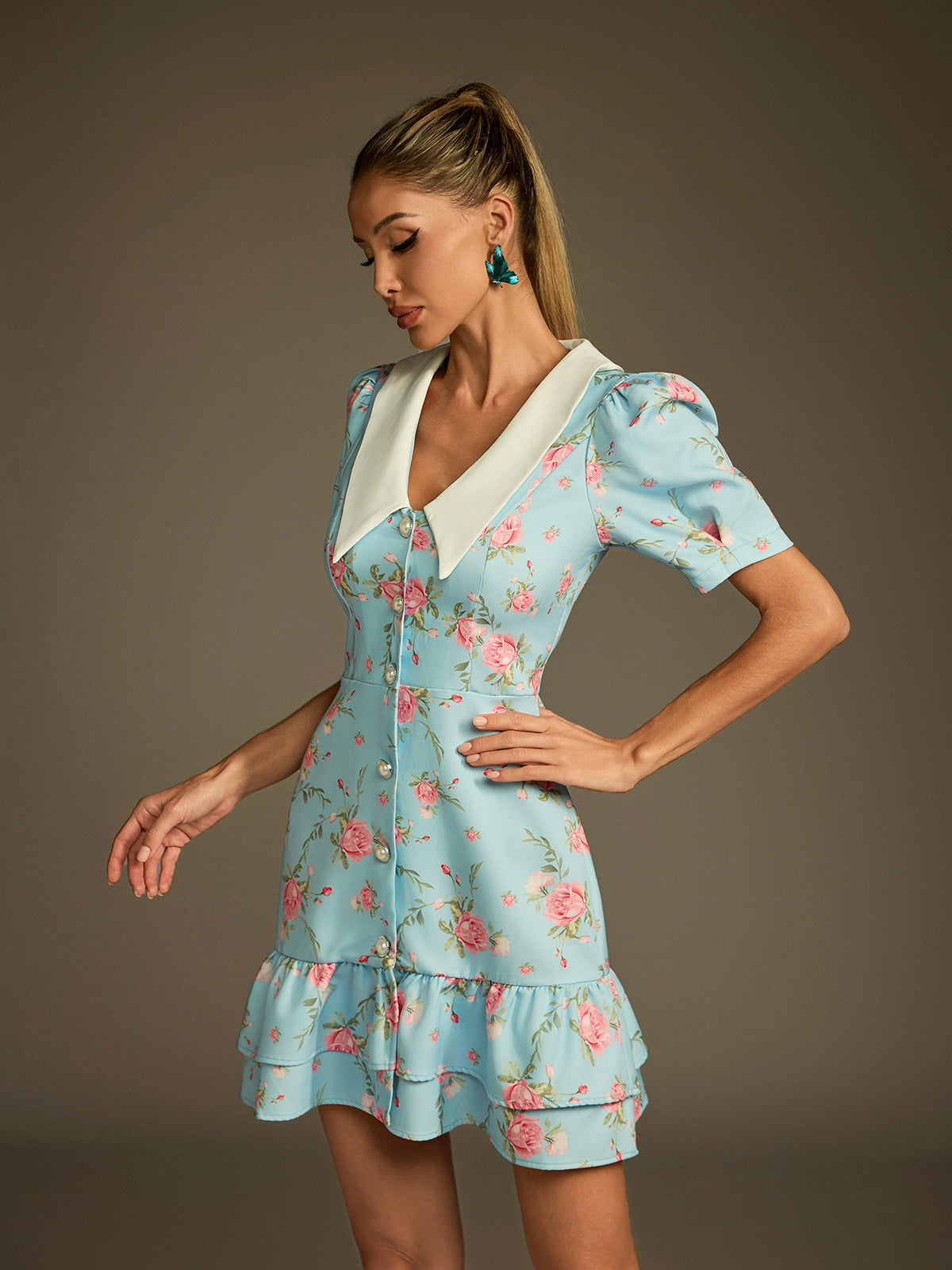Floral Rose Print Deep V-Neck Pointed Collar Pearl Button Puff Sleeve Tiered Ruffle Mini Dress