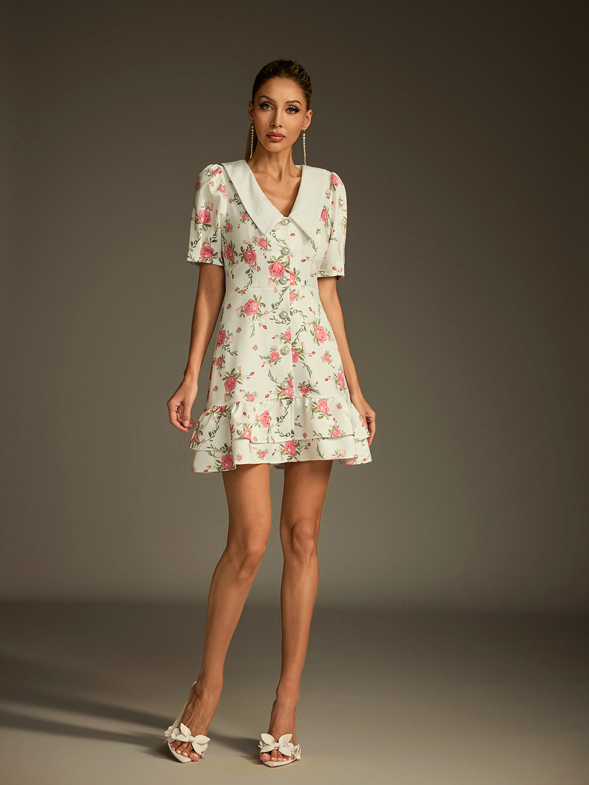 Short Sleeve Pointed Collar Pearl Button Floral Tiered Ruffle Mini Dress
