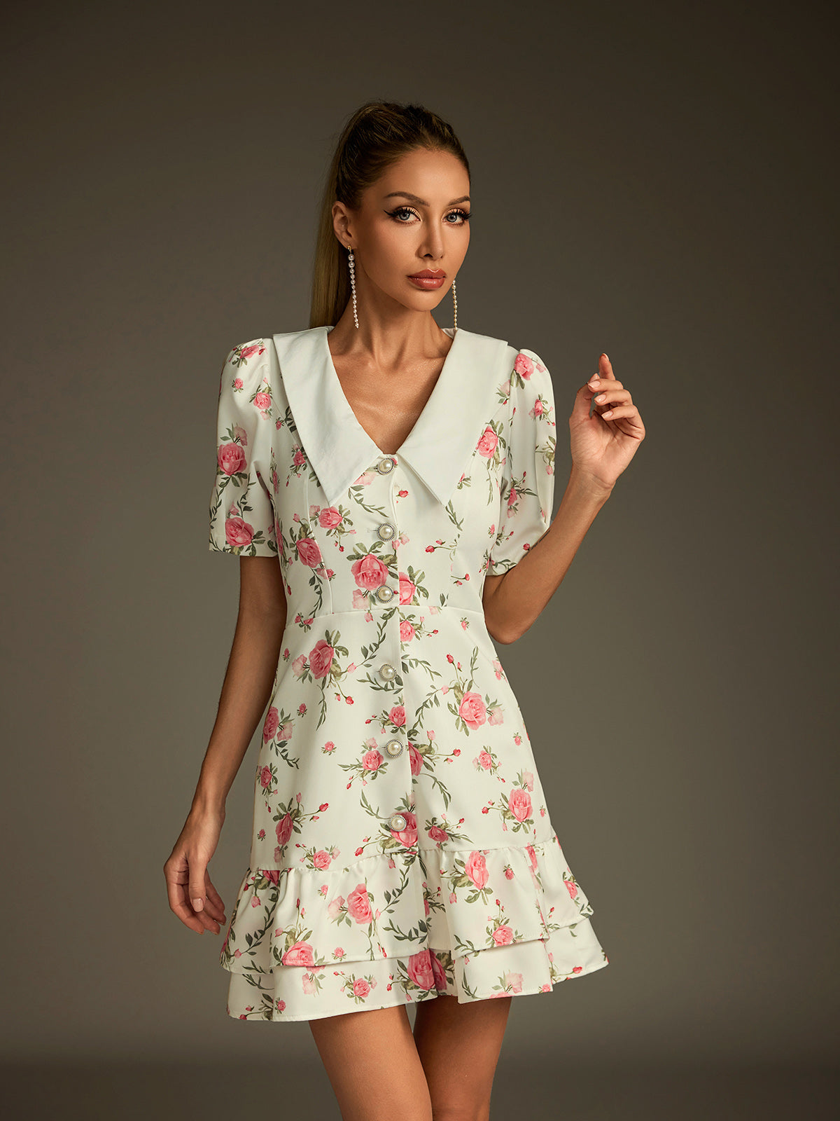 Short Sleeve Pointed Collar Pearl Button Floral Tiered Ruffle Mini Dress
