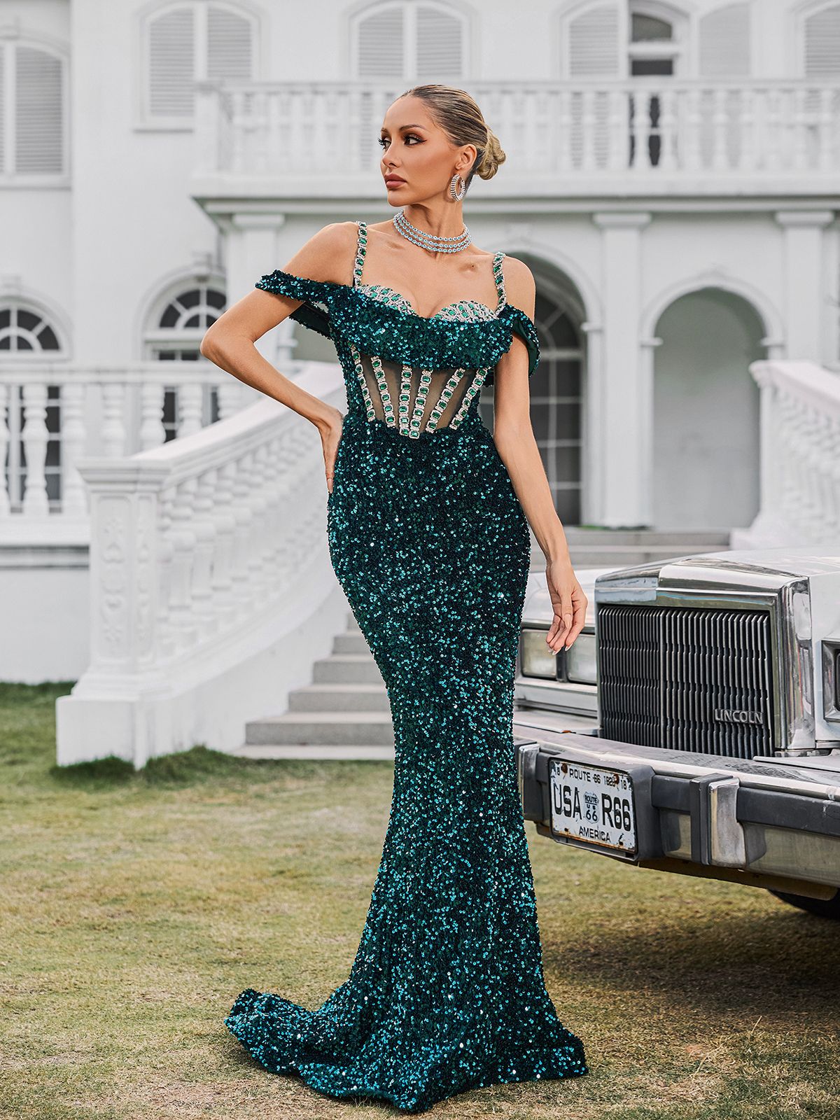 Sequin Corset Mesh Midriff Off Shoulder Mermaid Maxi Gown