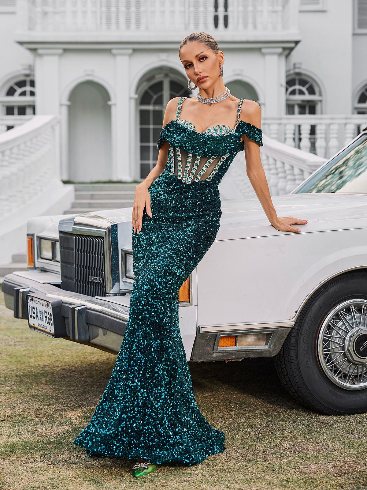 Sequin Corset Mesh Midriff Off Shoulder Mermaid Maxi Gown