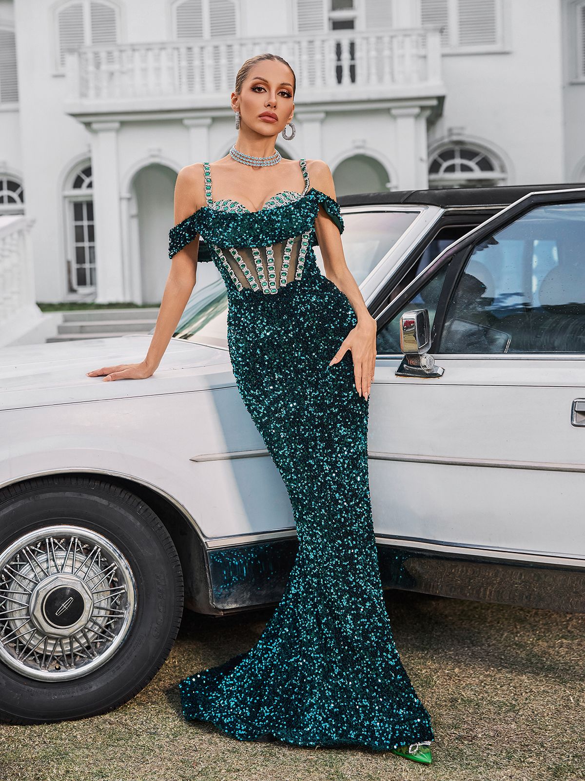 Sequin Corset Mesh Midriff Off Shoulder Mermaid Maxi Gown